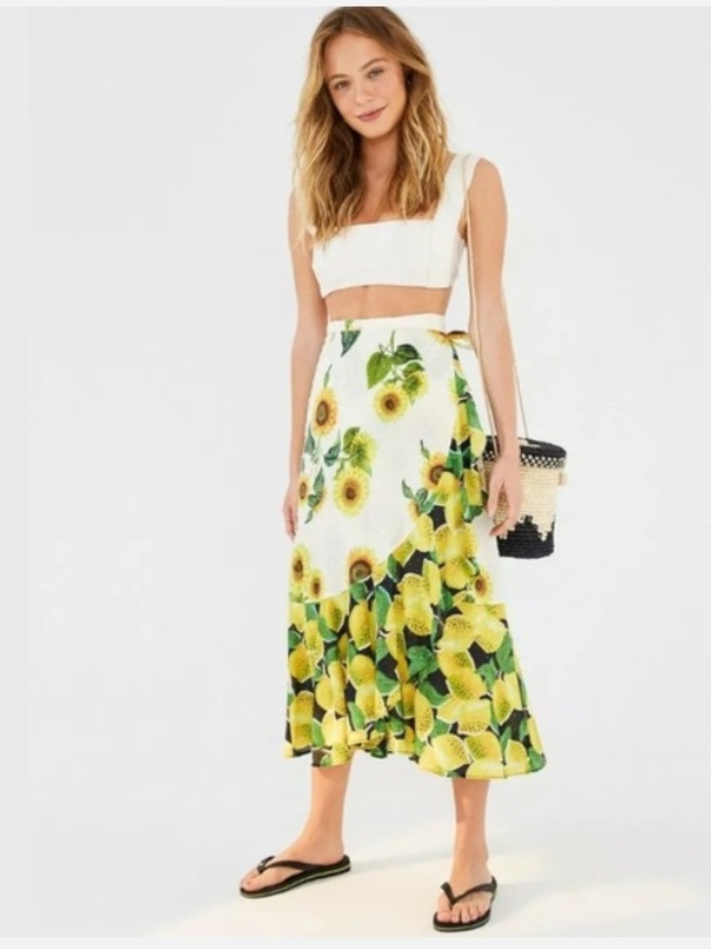 FARM Rio White Midi Skirt with Yellow Lemon & Sunflower Print